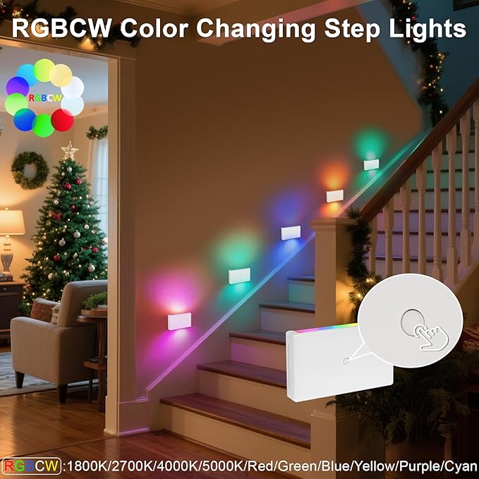 RGB Step Lights Indoor, 100V-277V Dimmable 2.5W, Wired LED RGB Color Changing Stair Night Lights for Bedroom/Step/Hallway/Aisle/Christmas/Halloween, Up Down, 10 Color, ETL, White, 6Pack