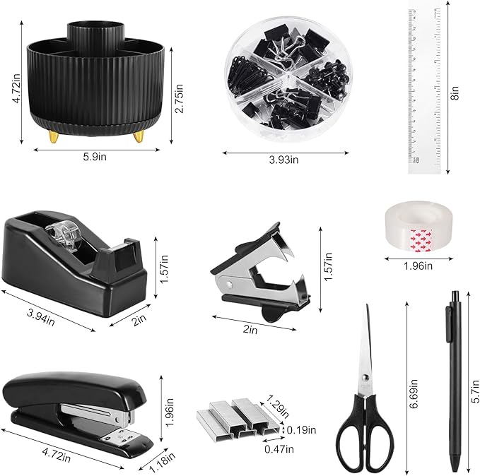 Black Desk Organizers and Accessories Set with 360-Degree Rotating Pen Holder, Tape Dispenser, Stapler, Staple Remover, 1000 Staples, Tape, Clips Set, Ruler, Scissor, Pen