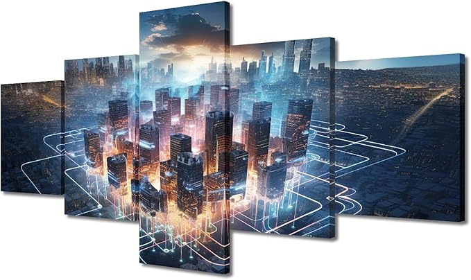 Artificial Intelligence Concept Canvas Wall Art for Bedroom City Smart Brain Wall Art for Living Room Human Brain Energy Wall Art Decor Modern Artwork for Home Framed Ready to Hang (50"Wx24"H)