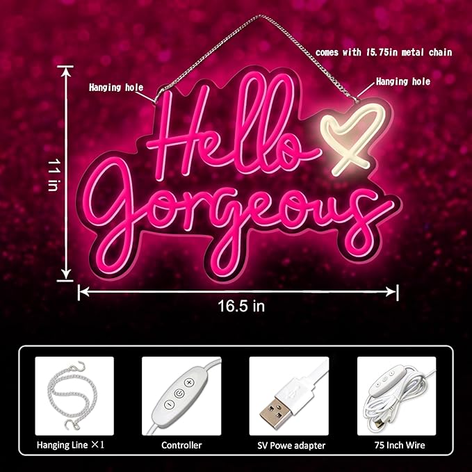 Hello Gorgeous Neon Sign Pink LED Neon Lights for Home Wedding Birthday Backdrop Bacelorette Party Wth Dimmable Switch(5V, 16.5"*11")