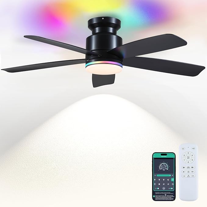 46 Inch Black Flush Mount Ceiling Fans with Lights, 5 Blades Reversible, 6-Speed 2H Timer, RGB & 3 CCT Dimmable, Remote & APP Control for Bedroom Kidsroom