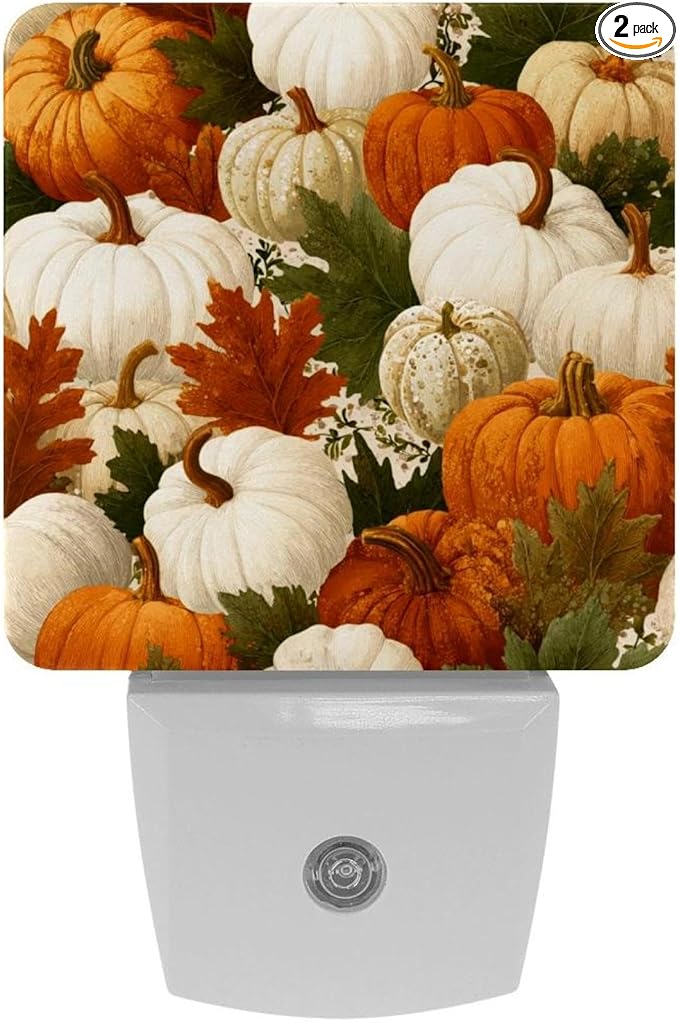 Thanksgiving Pumpkins a (2) Plug in Led Night Light with Auto Dusk to Dawn Sensor,Brightness Cool White Lights for Hallway,Kids Room, Kitchen, 2 Pack