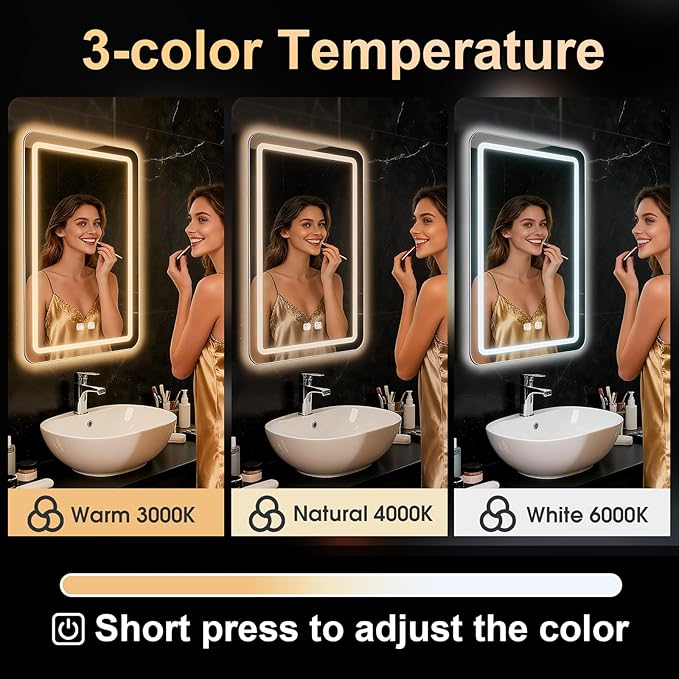 LED Bathroom Mirror, 16 x 24 Inch Anti-Fog Bathroom Mirror with Lights, Stepless Dimmable Lighted Bathroom Mirrors for Wall, Rectangle Bathroom Vanity Mirror with Front and Backlight, Vertically Only