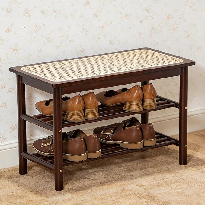 latifolia Shoe Rack Bench, 3-Tier Bamboo Shoe Bench with Breathable Rattan Seat Cushion, Shoe Storage Rack for Entryway(Walnut,23.62''L)