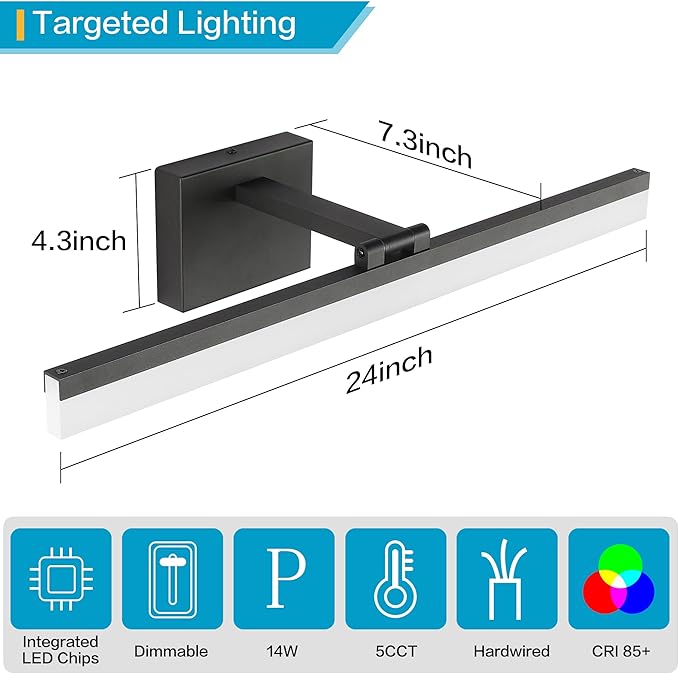 SOLFART 23.6 inch Black Bathroom Light Fixture 5 Color Temperature Dimmable LED Vanity Lights Bathroom Vanity Lights Over Mirror Light Bar Vanity Lighting Fixtures 5CCT