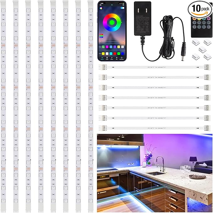 8 PCS RGB Under Cabinet Lighting Kit, App and Remote Control Led Strip Lights, Music Sync Color Changing Led Lights with ETL Listed Power Adapter, for Cabinet, Counter, Shelf, Bookcase, 13ft
