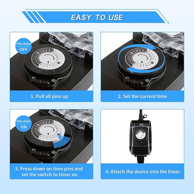 Outdoor Timer Outlet Waterproof, 24 Hour Mechanical Timer Outlet for Home and Garden, Single Grounded, 15A 3/4HP, Black, 1 Pack