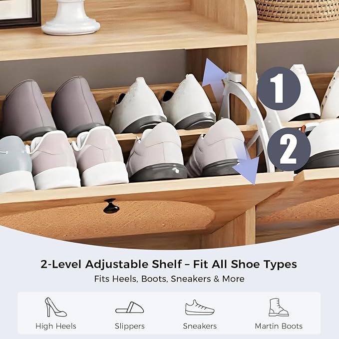 COMHOMA Shoe Storage Cabinet, Slim Rattan Shoe Cabinet Storage with Flip Drawers, Hidden Narrow Shoe Cabinet for Entryway Hallway（Natural Rattan Wood）