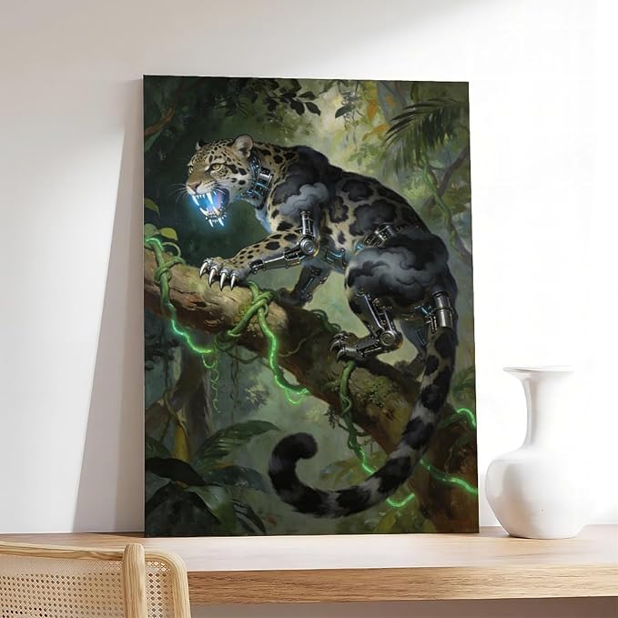 Framed Steampunk Mechanical Leopard Wall Art - Jungle Futuristic Beast Poster for Man Cave Living Room Decor 24x36inch(60x90cm)