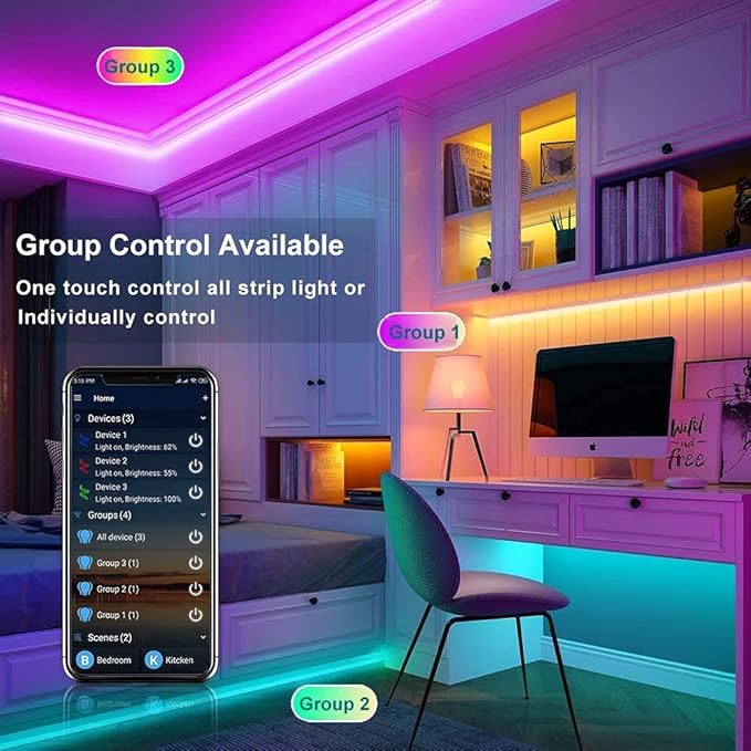 MIHEAL WiFi Wireless Smart Phone Controlled Led Strip Light Kit with DC12V UL Listed Power Supply Waterproof SMD 5050 32.8Ft(10M) 300leds RGB Music LED Light Strip Compatible with Android, iOS Alexa
