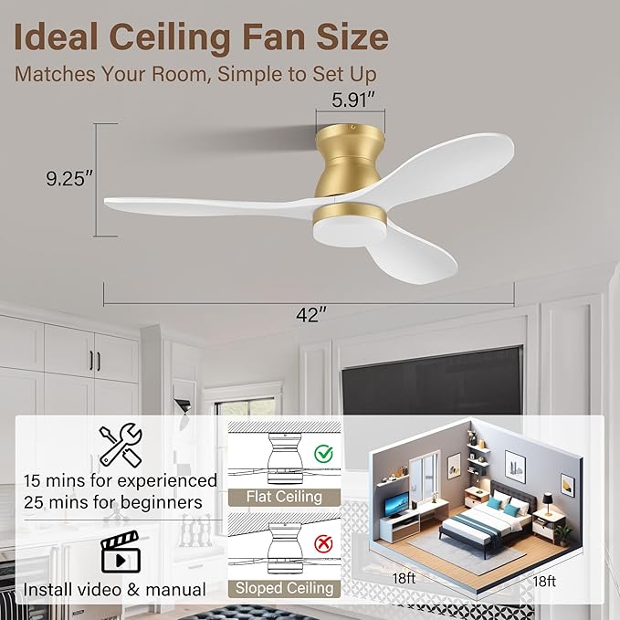 42" Wood Smart Ceiling Fans with Lights and Remote,Control with Alexa WIFI APP,White and Gold Flush Mount Ceiling Fan,Dimmable,6 speed,Quiet Motor,Outdoor Indoor Low Profile Fan for Bedroom,Patio