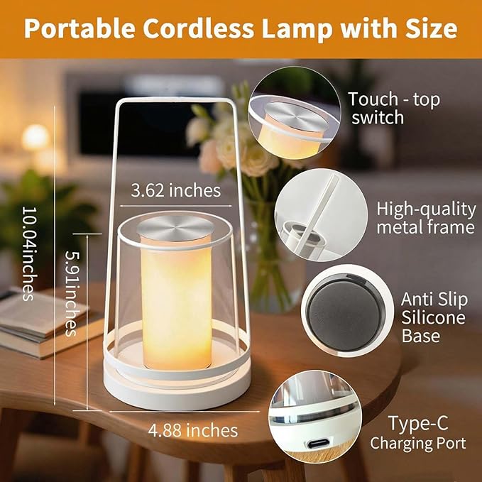 White Touch Bedside Lamp with Soothing Candlelight Mode - Rechargeable, Dimmable Night Light, Tap for Gentle Flame & Sparkle Effect, for Nursery, Bedroom Relaxation, Gifts