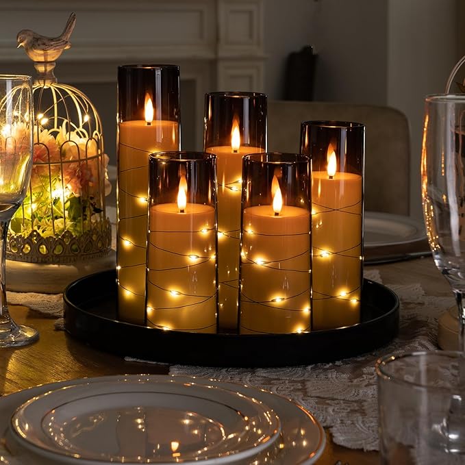 Raycare Flameless Candle with Remote Timer – 5 Flickering Acrylic Battery Operated LED Pillar Candles with Embedded Star String for Christmas, Home Decor, and as a Gift(Grey)