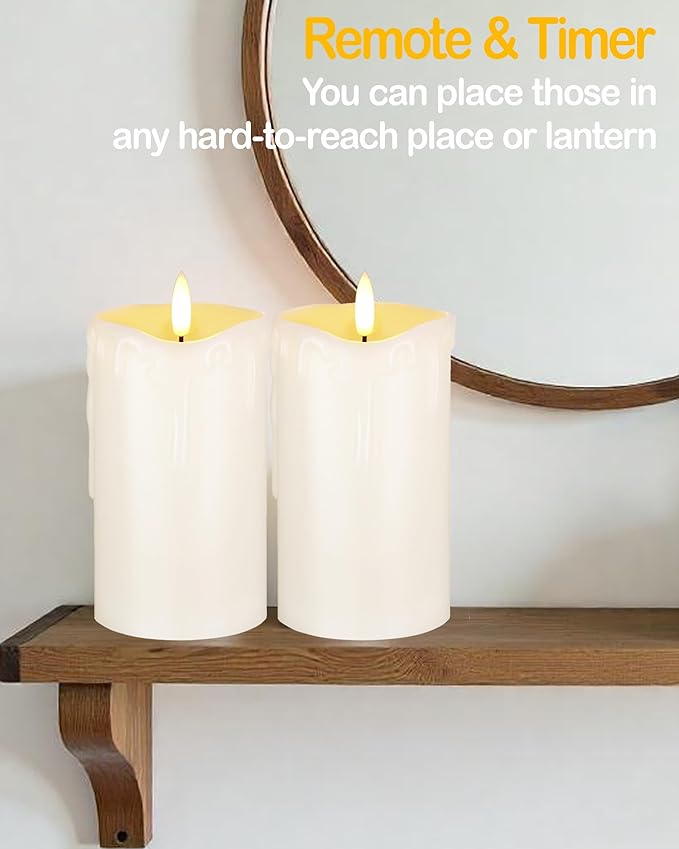 3"x6" White Flameless LED Candles - Remote Control & Timer, Set of 2 Large Real Wax Pillar Flickering Battery Candles for Table, Fireplace and Mantel Decor