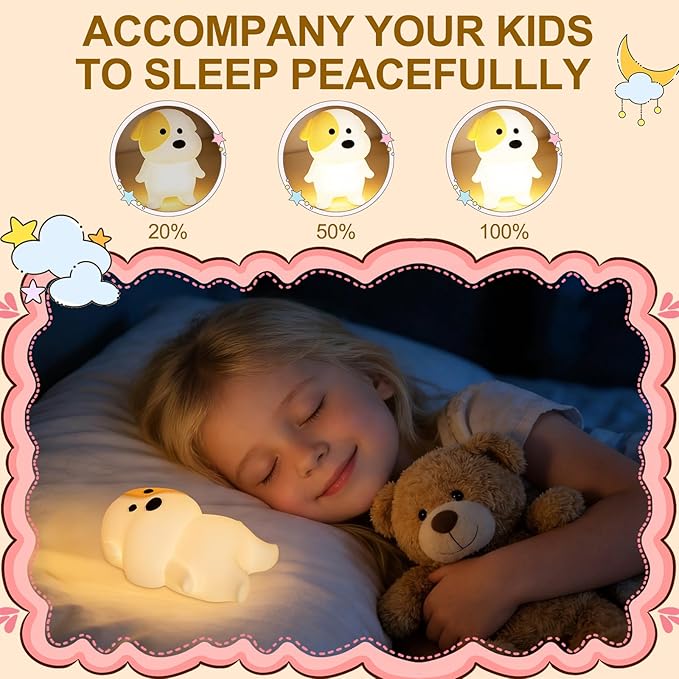 Puppy Night Light for Kids - Squishy Silicone Dog Lamp with Dimmable & 7 RGB Color Changing, Animal Sound, Rechargeable BPA-Free, Dog Nightlight Gift for Children/Teens/College Students
