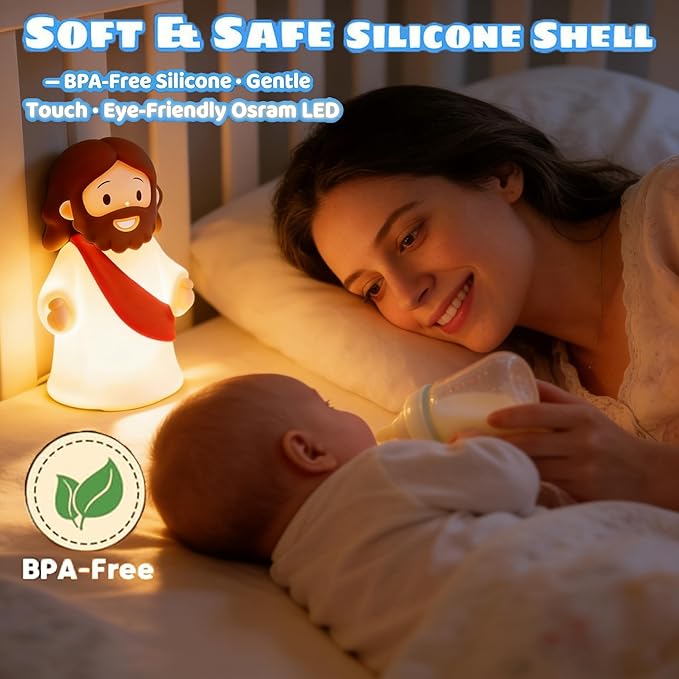 Jesus Night Light Rechargeable Bedside Lamp, Dimmable Silicone LED Religious Gift & Decor, Portable & Cordless for Baptism, Sunday School & Church Gathering Gifts, Christmas and Easter Holiday Gifts