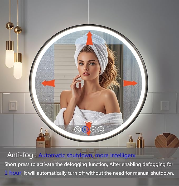 Wall-Mounted Round Bathroom Mirror with LED-Lights - Frame Vanity Mirrors (28" x 28", Black)