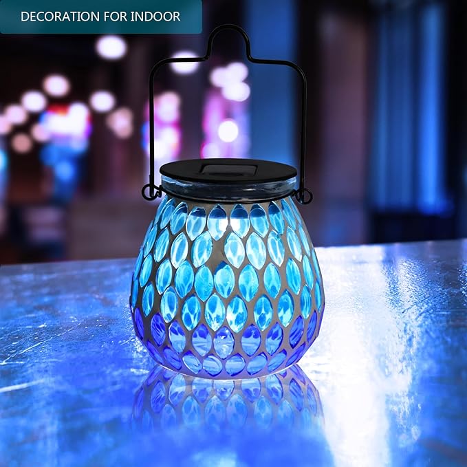 Bshine Mosaic Solar Lantern Outdoor Hanging Waterproof, Blue Mosaic Light Indoor Decorative Table, Garden Decor for Yard Outside, Path, Courtyard, Lawn, Birthday Gift for Mom Women Gardening, Antique