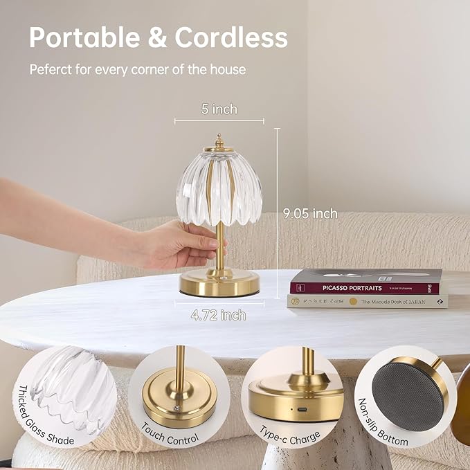 Tulip Small Table Lamp, 5200mAh Cordless Touch Control Mini Table Lamp with 3 Color Temps & Stepless Dimming, Perfect for Small Spaces like Dressers, Bedsides, Bookshelves (Transparent Tulip)
