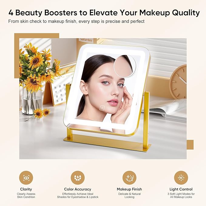 Vanity Mirror with LED Lights, 14.8x12.6 Inch Makeup Mirror, 3-Color Dimmable Touch Screen, 5X Magnification, 360° Rotation, Gold Tabletop Mirror for Bedroom Vanity