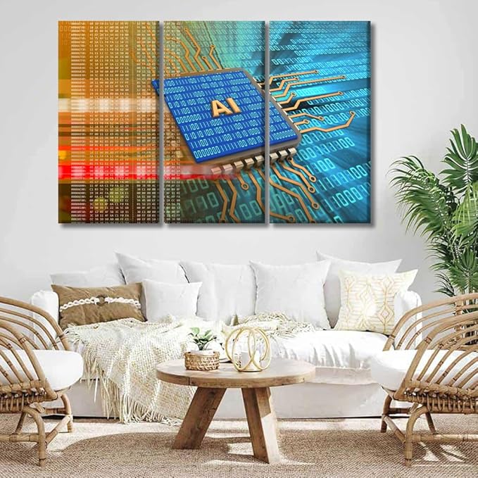 LSIUHWUWI Modern Wall Art Multi Panel CPU Wall Art Electronic Board over Digital Background Picture Prints on Canvas Print Art for Bedroom Living Room Decoration,Framed Ready to Hang, 20x40inchx3