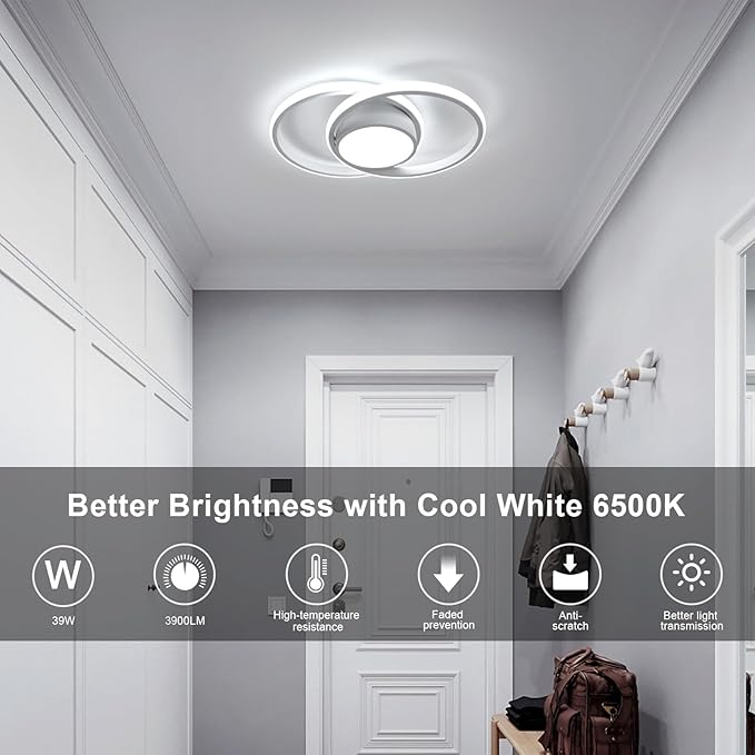 AUA LED Modern Ceiling Light, 39W 6500K Round Ceiling Lights Fixture, 15.7" for Hallway, Kitchen, Bedroom, Dining Room, Entryway, White