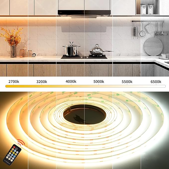 CCT COB LED Strip Lights, Tunable White Dimmable 2700K-6500K, 24V LED Tape Light Kit 9.8ft/3m, High Density CRI90+with UL-Listed Adapter, for Under Cabinet Lighting, Kitchen,Bedroom, Office, DIY