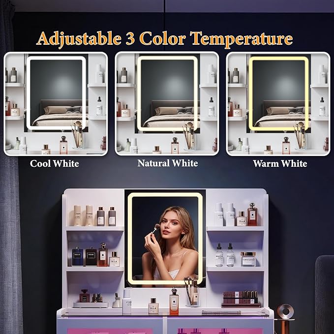 Vanity Desk with LED Lights Mirror & Power Outlet, Transparent Top Vanity with 2 RGB Drawers, 3 Lighting Modes & Adjustable Brightness, Dressing Table for Women Girls Bedroom, White Plus
