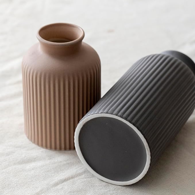 Large Modern Ceramic Vase Set, Black Ribbed Matte Finish, 3-Piece Decorative Vases for Home Living Room Office, 10 inch Tall, 4 inch Width (XL Black Mix)