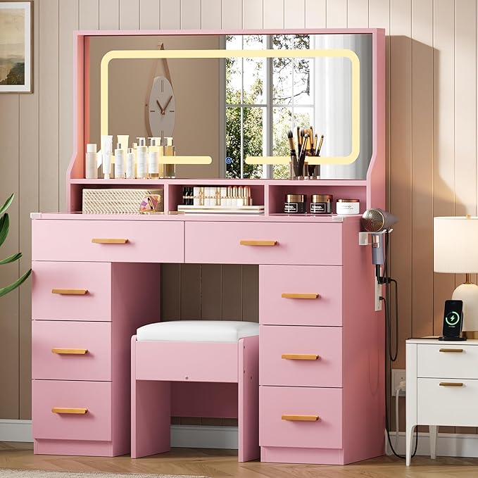 IDEALHOUSE Vanity Desk with Mirror and Lights, Makeup Table with Glass Top & 8 Drawers, 3-Color LED Mirror, Power Outlets & USB, Hair Dryer Holder, Stool Included, Dressing Table Set for Bedroom