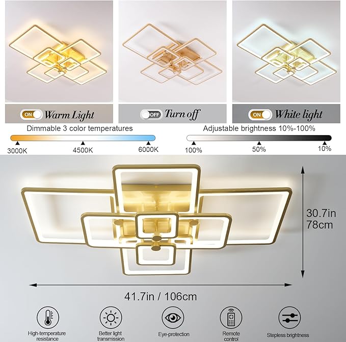 Modern LED Ceiling Light,8 Square Acrylic Gold Modern Lighting Fixture Ceiling Lights for Living Room,Flush Mount Lamp with Remote Ceiling Lamps for Kitchen Bedroom Dining Room