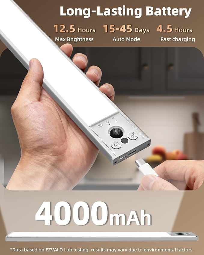EZVALO 16.5inch Under Cabinet Lighting, 4000mAh Rechargeable Motion Sensor Light Indoor, with Dimmable & 3 Color Temps, Magnetic Closet Lights, Wireless Under Counter Lights for Kitchen (4-Pack)