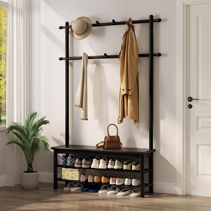 AQIMUELE Coat Rack with Shoe Storage, Wooden Hall Tree with Bench, 11 Hooks and 2-Tier Storage Shelves, 3-in-1, Entryway Bench with Coat Rack (39.3"-Black)