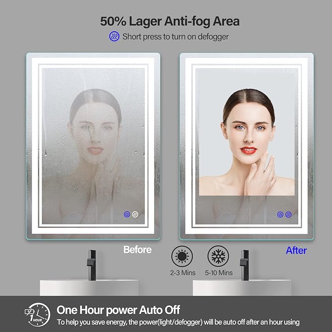 28x20 inch LED Lighted Bathroom Mirror with Anti-Fog, Fashion Bathroom Decor Vanity Mirror with Dimmable, Smart Control, Memory, Adjustable Warm White/Natural/Daylight, Birthday Wedding Gift