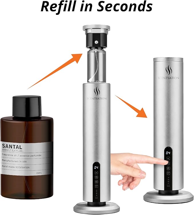 Diffuser Tower Wireless - Essential Oil Fragrance - 1500 SqFt Wide Coverage – Cordless Rechargeable Waterless Aromatherapy, 8-Day Battery, Aluminum Body, Idead Home Office Spa Hotel Bedroom (Silver)