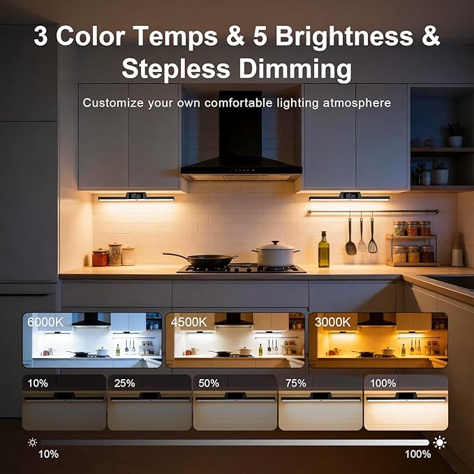 Under Cabinet Lighting with Remote & Timer, Closet Lights Motion Sensored Rechargeable 5000mAh Battery 300LM Kitchen Lighting, Under Counter Motion Lights for Kitchen 72 Magnetic Led Light Bar(Black)