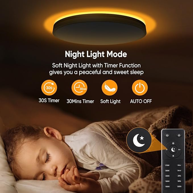 13 Inch Flush Mount Ceiling Light with Remote Control & Night Light, 5CCT Dimmable Ceiling Light Fixture, 25W 2500LM 2700K-6500K Adjustable LED Ceiling Lights for Bedroom Kitchen Living Room