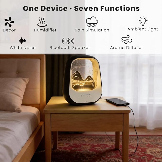 Rain Drop White Noise Machine with Realistic Rain Sounds – Sleep Therapy Humidifier, Bluetooth Speaker, Ambient Light & Aroma Diffuser for Bedroom Relaxation, Meditation & Stress Relief (Black)