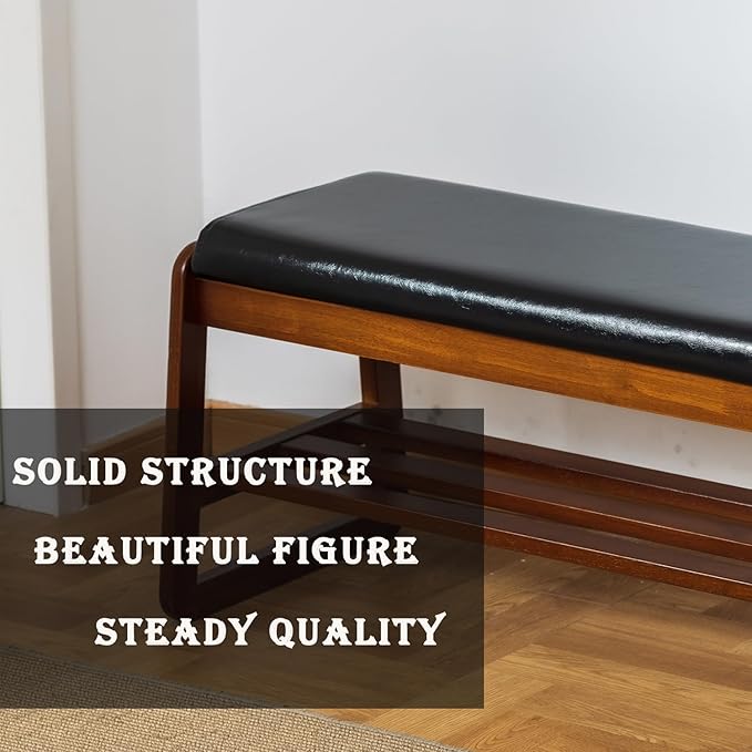 latifolia Solid Wood Bench, Entryway Shoe Bench with Cushion, 2 Tier Shoe Storage Organizer for Hallway, Living Room(Black,21.65''L)