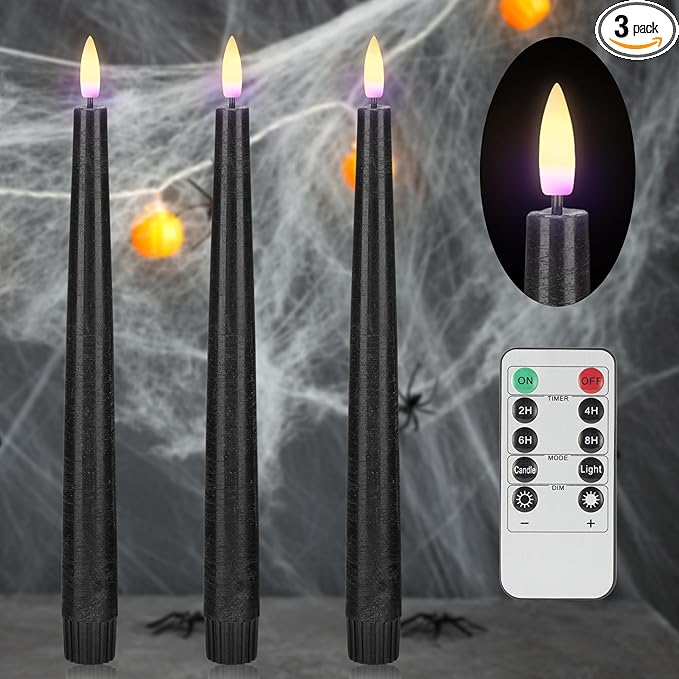 Black Flameless Taper Candles with Remote, Real Wax Halloween Candles, 9.6 Inch Battery Operated Led Candlesticks for Party Home Festival Decor, 3 Pack