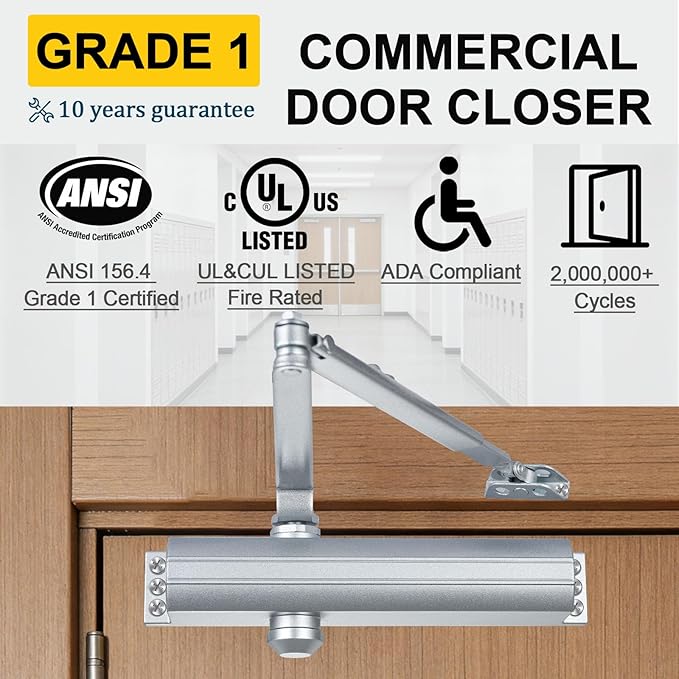 Grade 1 Commercial Door Closer, Heavy Duty Hydraulic Self-Closing Automatic Closer, Cast Aluminum Body & Steel Arm, Size 1-6, UL 3 Hour Fire Rated, ADA, Non-Hold, 3 Mount Types, DC-9