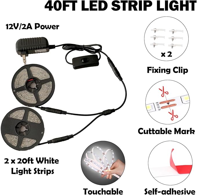 40ft White LED Light Strip Kit, 6500K Strip Light, 720 LED 12V Flexible Cuttable LED Light Strips for Bedroom Kitchen Under Cabinet Lighting Indoor