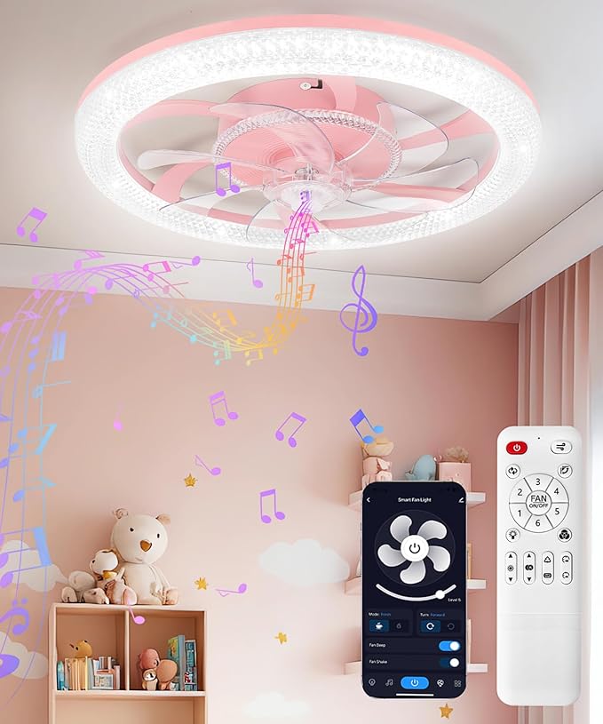 2 in 1 Wifi RGB-LED 20” Ceiling Fans with Lights and Remote, 3000-6500K Dimmable Flush Mount Smart Low Profile Ceiling Fan with Lights, Bluetooth Bladeless Fans with APP, for Bedroom, Pink