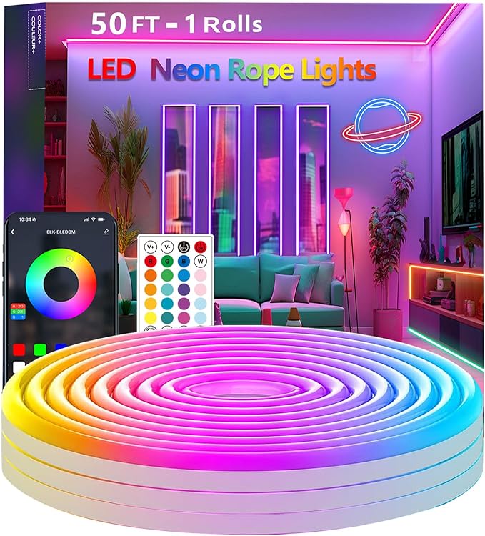 50FT Neon Rope Lights,Flexible Led Rope Light Control with App/Remote,Multiple Modes,Music Sync,IP65 Outdoor RGB Led Strip Lights Waterproof