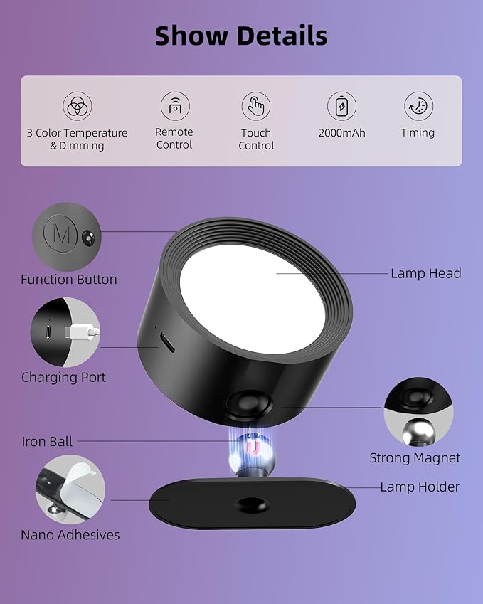 Wall Mounted Lights, 2 Pack Rechargeable RGB Color Changing Light, 3 Color Temps & Remote and Touch, 360°Rotation Dimmable Cordless for Study Bedroom Reading Bedside (Black)