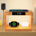 Wooden Bedside Table Lamps for Bedroom with Wireless Charger, nightstand lamp with Charging Station, 3 Night Light Modes Dimmable Touch Bedside Lamps with Alarm Clocks Lamps for Night Stands