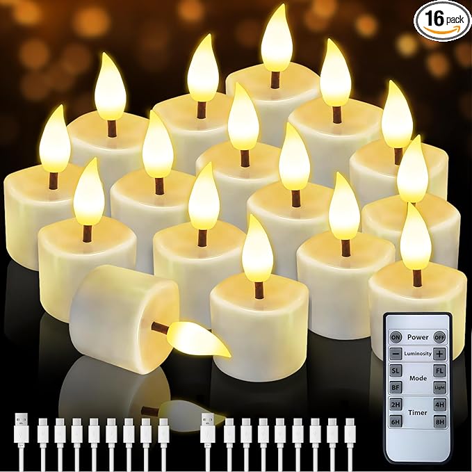 Rechargeable Flickering Flameless Tea Lights, 16 Pcs Fake Electric Remote Control Candles with Timer, Safe & Realistic Flame Effect LED Candles for Party, Wedding, Aniversary, Easter Decor