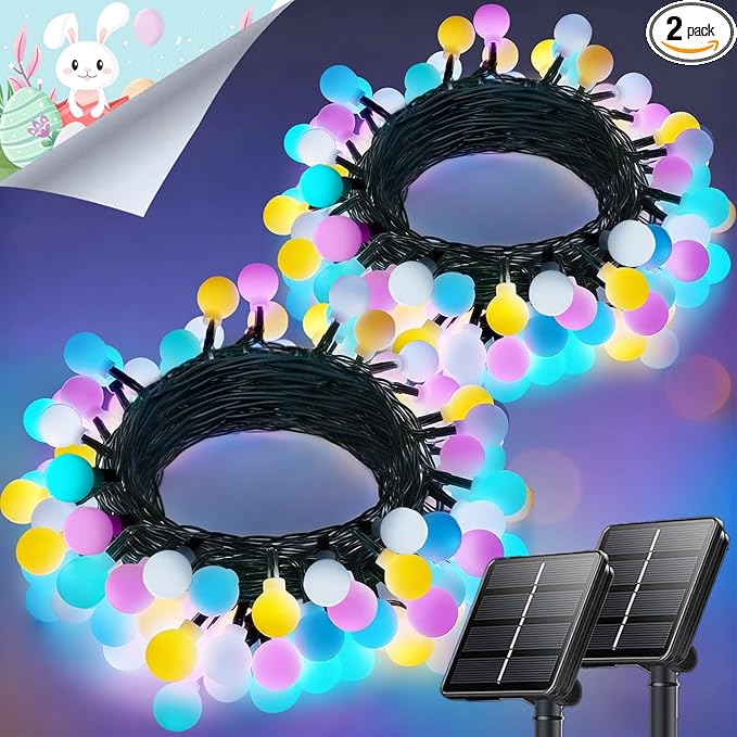 LORRYTE 2-Pack 80 LED Solar Easter Lights Outdoor - 39FT Crystal Globe Waterproof Solar Pastel String Lights for Outside with 8 Lighting Modes, Easter Decorations for Garden, Patio, Party, Porch