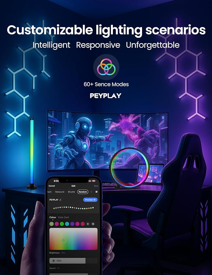Smart LED Table Lamp + Light Bars Kit, RGB+IC Ambient Lighting with Music Sync, DIY Mode, Stepless Dimming, App & Voice Control (2.4GHz WiFi), Works with Alexa & Google, for Bedroom, Gaming