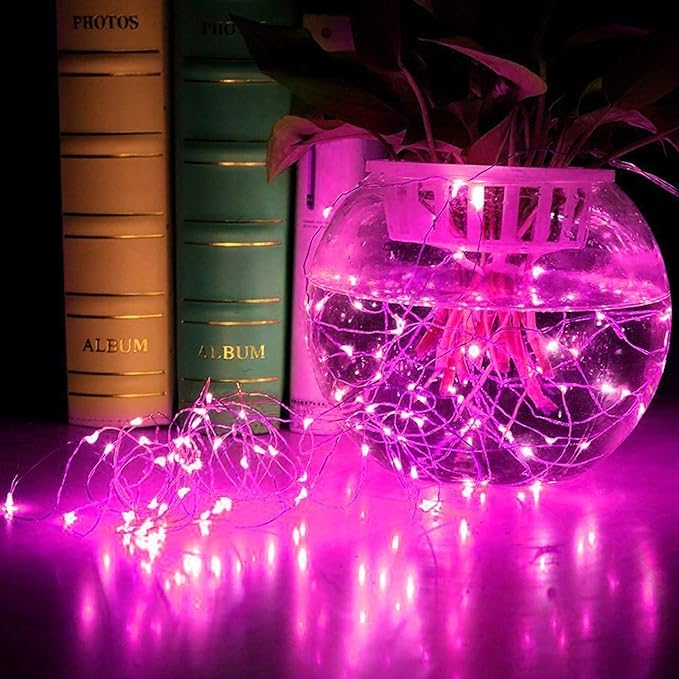 RUICHEN Silver Wire Fairy Lights Plug in 33 Ft 100 LED String with Spool, Pink